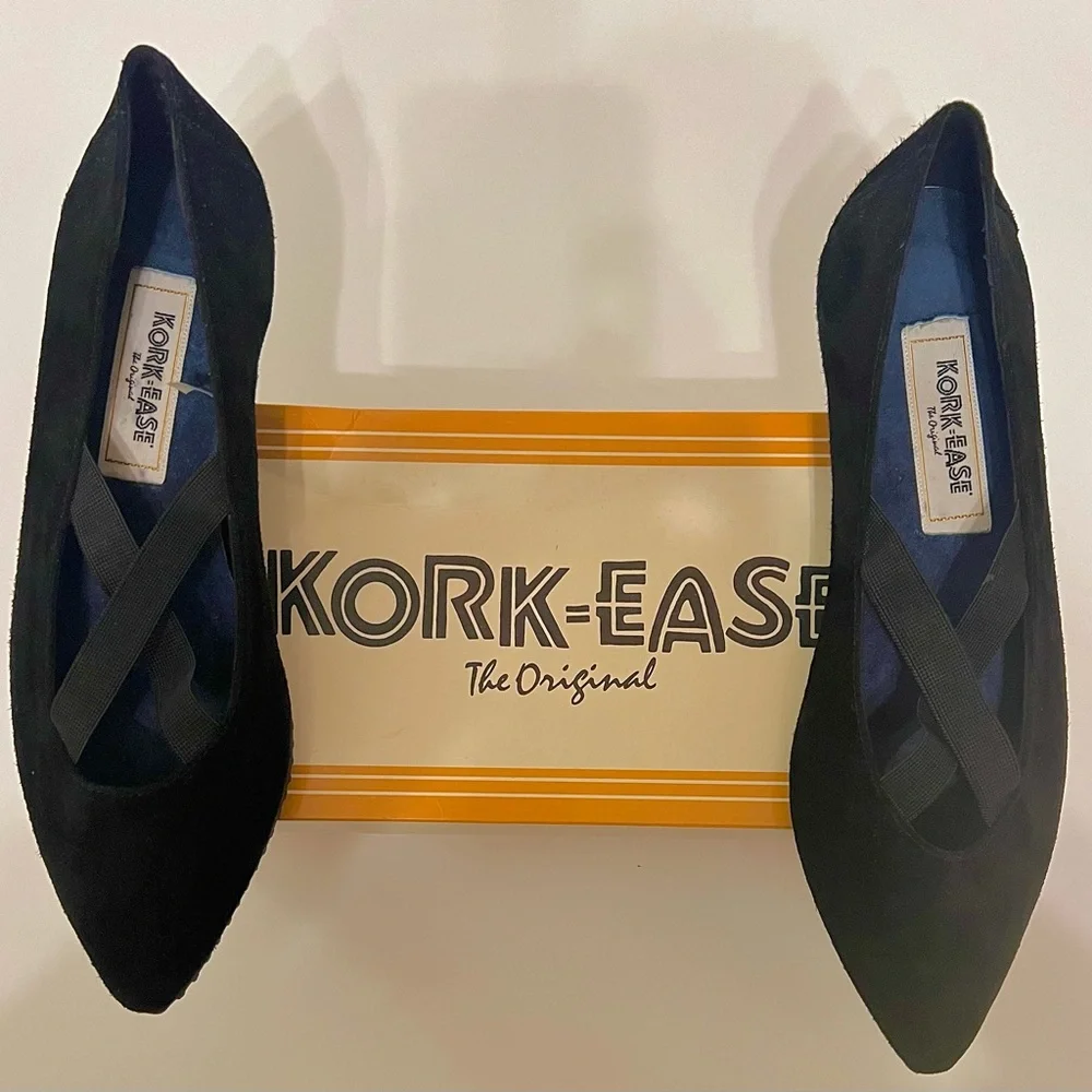 VTG Kork-Ease Deadstock Black Suede Ballet Flats Cross Straps 8.5M